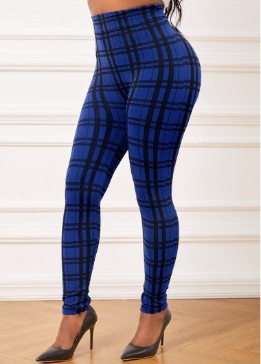 Dark Blue Plaid High Waisted Ankle Length Leggings