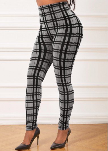 Grey Plaid High Waisted Ankle Length Leggings