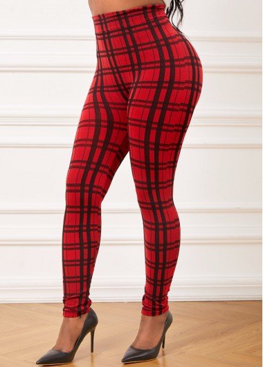 Red Plaid High Waisted Ankle Length Leggings