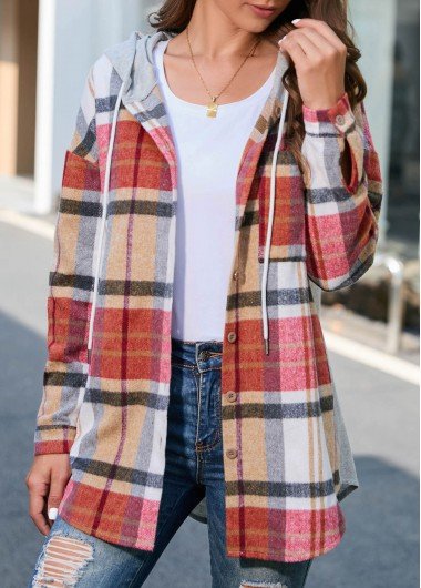 Multi Color Button Plaid Long Sleeve Hooded Coat