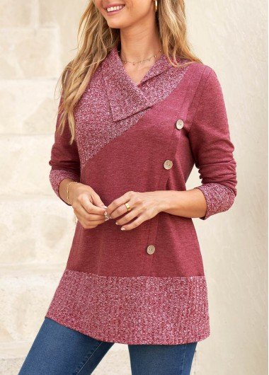 Dark Reddish Purple Button Long Sleeve Sweatshirt