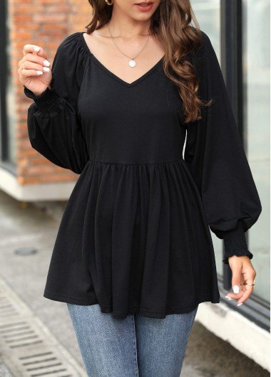 Black Smocked Long Sleeve V Neck T Shirt