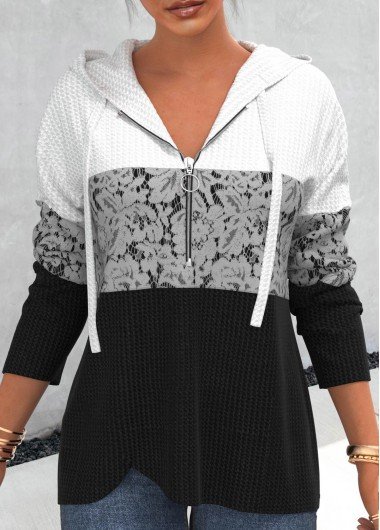 Black Lace Patchwork Zipper Closure Hoodie