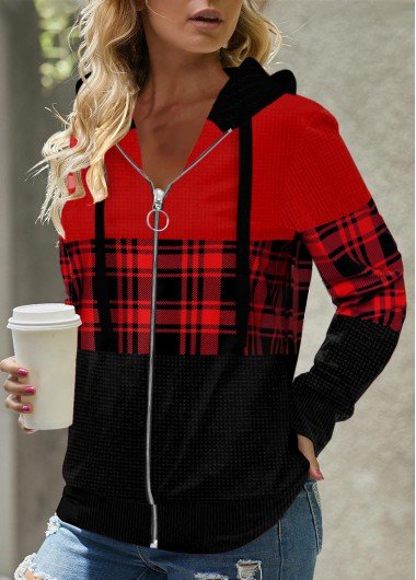 Red Patchwork Plaid Long Sleeve Hoodie