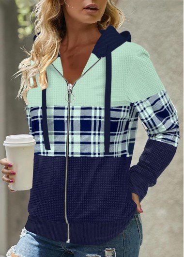 Mint Green Zipper Plaid Long Sleeve Hoodie