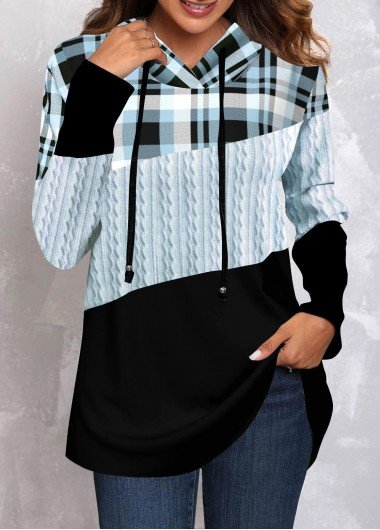 Light Blue Twisted Tartan Print Long Sleeve Hoodie