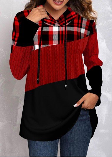 Red Twisted Tartan Print Long Sleeve Hoodie