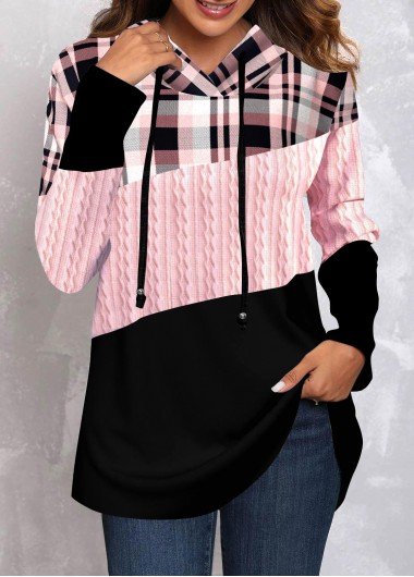 Pink Tartan Print Long Sleeve Hoodie