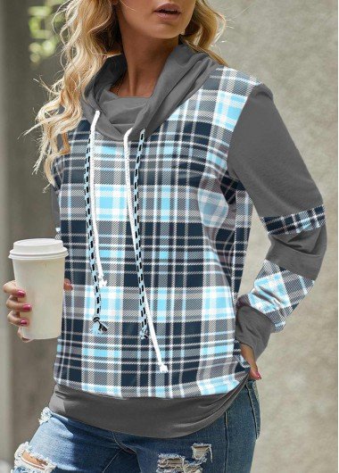 Light Blue Tartan Print Long Sleeve Sweatshirt