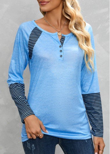 Light Blue Button Striped Long Sleeve T Shirt