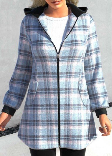 Light Blue Zipper Plaid Long Sleeve Hooded Jacket