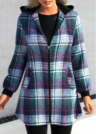 Blackish Green Zipper Tartan Long Sleeve Jacket