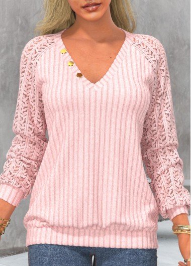 Light Pink Long Sleeve V Neck Sweatshirt