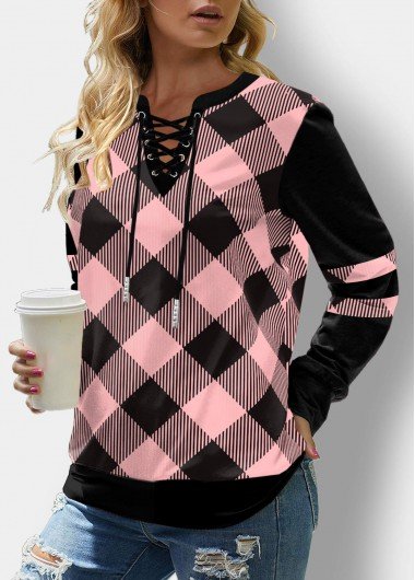 Pink Lace Up Tartan Print Long Sleeve Sweatshirt