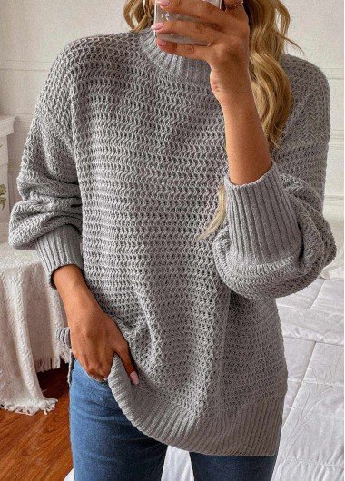 Grey Long Sleeve Round Neck Sweater