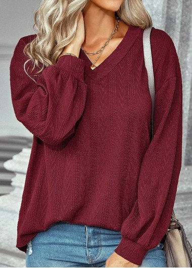 Wine Red Long Sleeve V Neck Sweatshirt