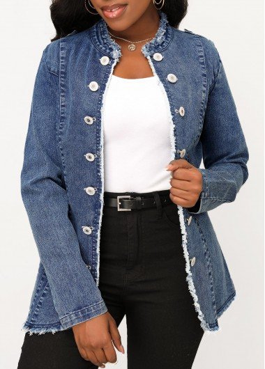 Denim Blue Button Long Sleeve Stand Collar Jacket