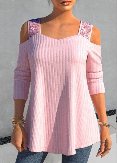 Light Pink Sequin Long Sleeve T Shirt