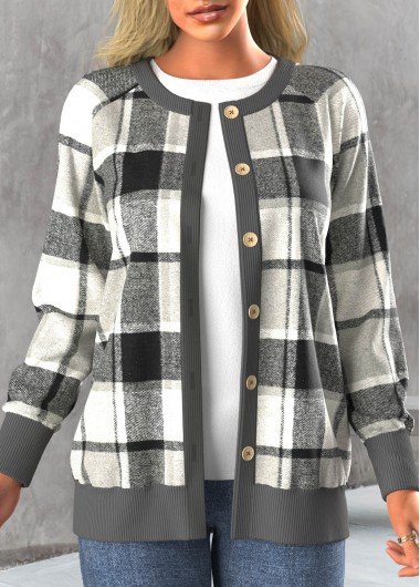 Dark Grey Button Tartan Print Long Sleeve Coat