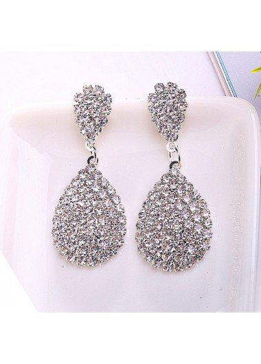 Silvery White Teardrop Design Rhinestone Earrings