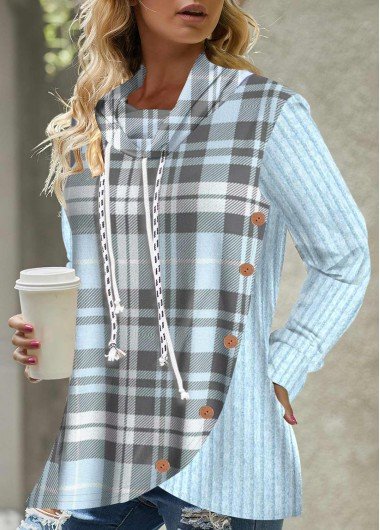 Blue Button Plaid Long Sleeve Cowl Neck Sweatshirt