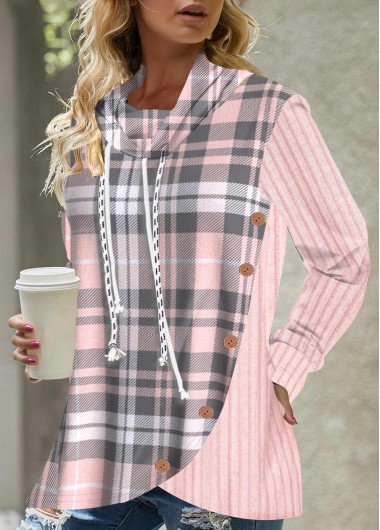 Button Tartan Print Pink Drawstring Sweatshirt