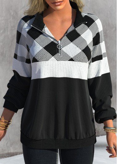 Black Zipper Tartan Print Long Sleeve Sweatshirt