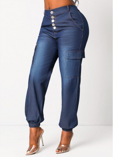 Dark Blue Button High Waisted Jogger Jeans