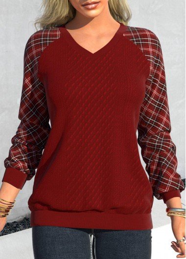 Deep Red Patchwork Plaid Long Sleeve Sweatshirt