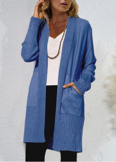 Blue Double Side Pockets Long Sleeve Cardigan