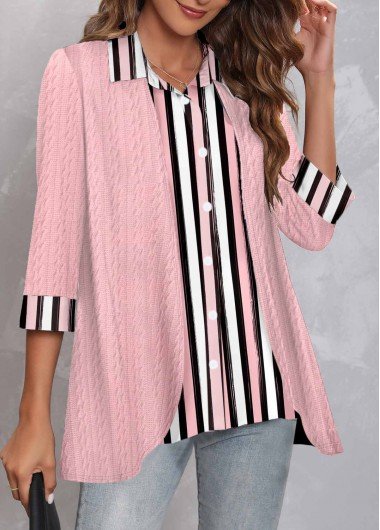 Pink Faux Two Piece Striped Blouse