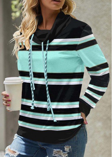 Cyan Striped Long Sleeve Cowl Neck Sweatshirt