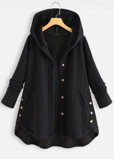 Black Pocket Long Sleeve Hooded Coat