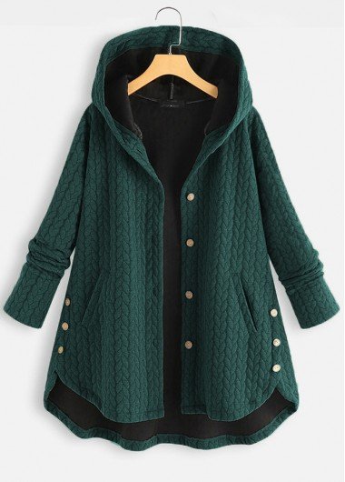 Blackish Green Pocket Long Sleeve Hooded Coat