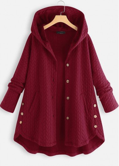 Deep Red Pocket Long Sleeve Hooded Coat