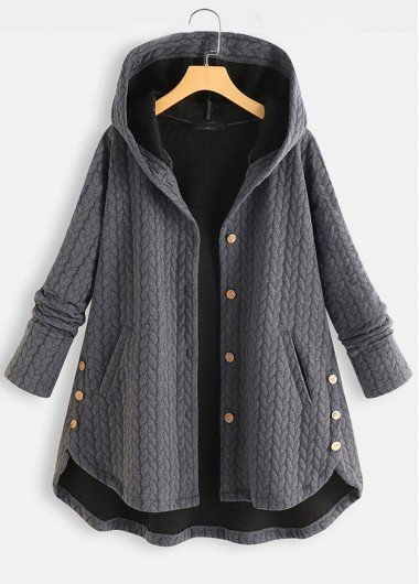 Grey Pocket Long Sleeve Hooded Coat