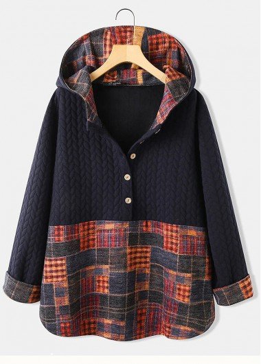 Navy Plaid Button Long Sleeve Hoodie