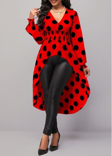 Red Polka Dot Long Sleeve V Neck Blouse