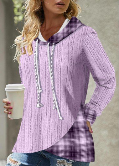 Light Purple Asymmetric Hem Tartan Print Hoodie