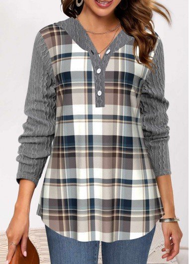 Grey Twisted Tartan Print Long Sleeve Hoodie