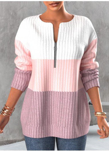 Light Pink Zipper Contrast Long Sleeve Sweatshirt