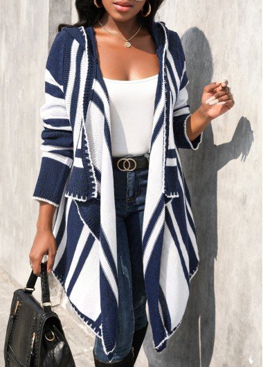 Dark Blue Asymmetry Geometric Print Long Sleeve Cardigan