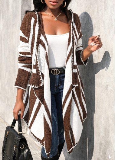 Dark Coffee Patchwork Geometric Print Long Sleeve Cardigan