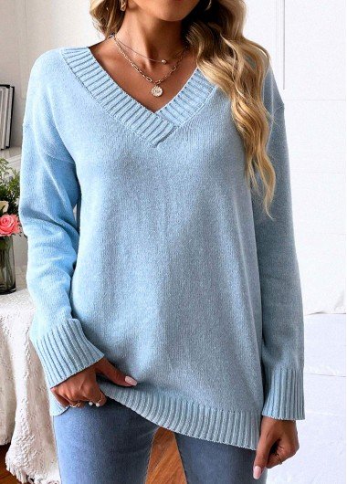 Light Blue Long Sleeve V Neck Sweater