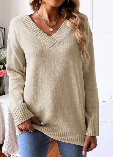 Light Camel Long Sleeve V Neck Sweater