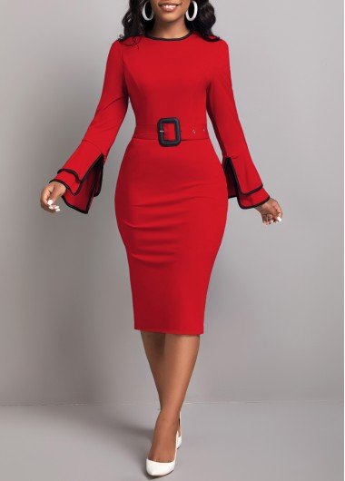 Wine Red Contrast Binding Belted Bodycon Dress