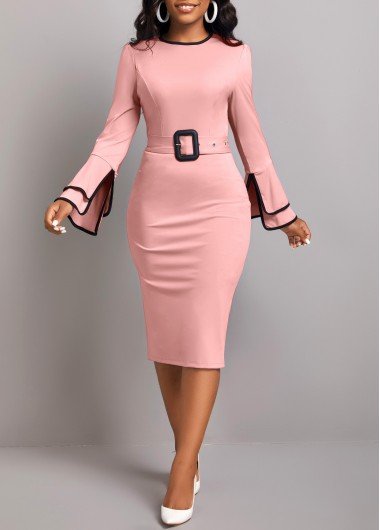 Dusty Pink Belted Long Sleeve Dress