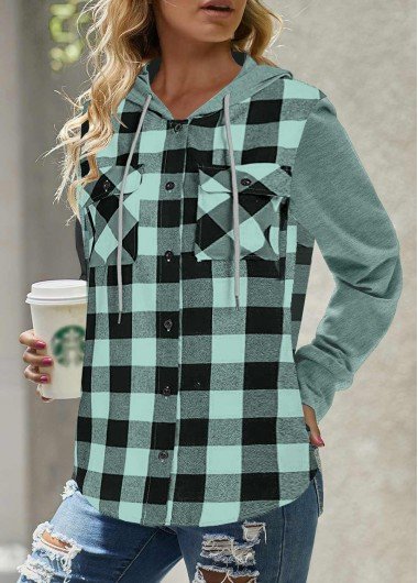 Mint Green Pocket Plaid Long Sleeve Hoodie