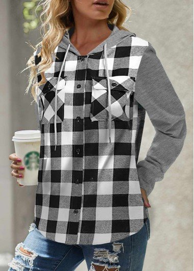 White Pocket Plaid Long Sleeve Hoodie