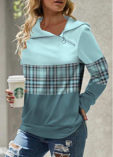 Light Blue Zipper Tartan Print Long Sleeve Sweatshirt